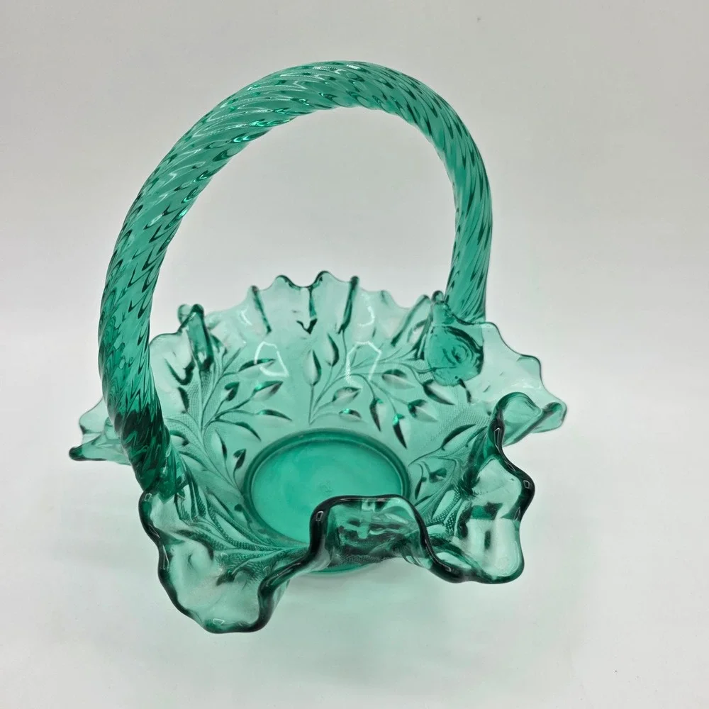 Vintage Fenton Teal Green Ruffled Edge Glass Basket Leaf Pattern Twisted Handle